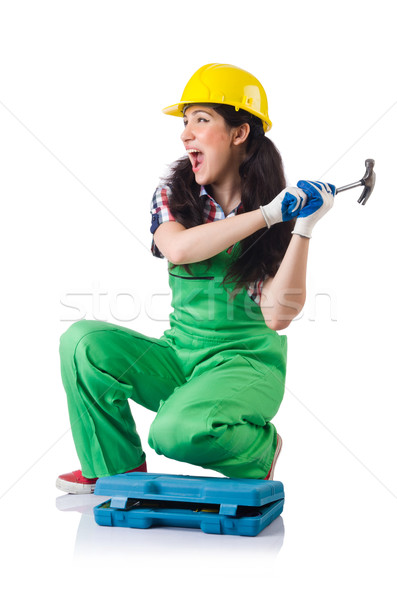 Stock photo: Female workman in green overalls isolated on white