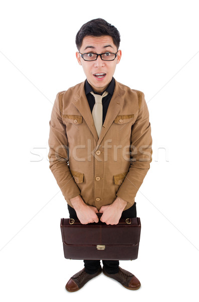 Junger Mann braun Aktentasche isoliert weiß Hintergrund Stock foto © Elnur