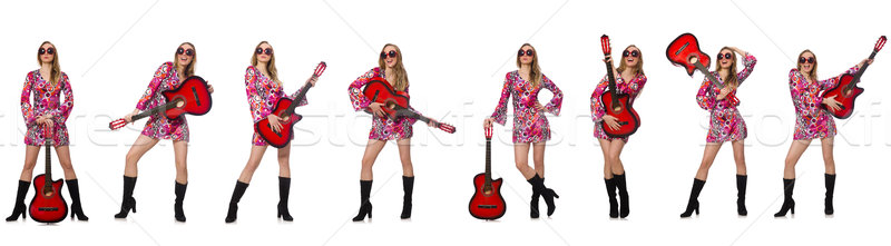 Stockfoto: Vrouw · gitarist · geïsoleerd · witte · muziek · gelukkig