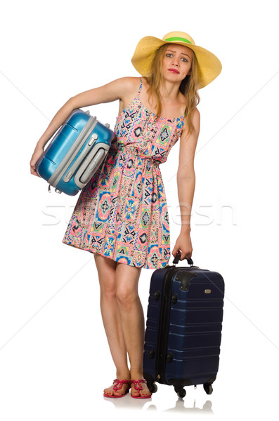 Stock fotó: Nő · bőrönd · izolált · fehér · boldog · nyár