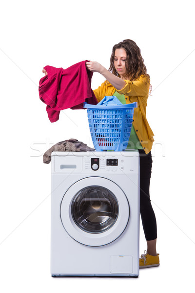 Frau müde Wäsche isoliert weiß Haus Stock foto © Elnur