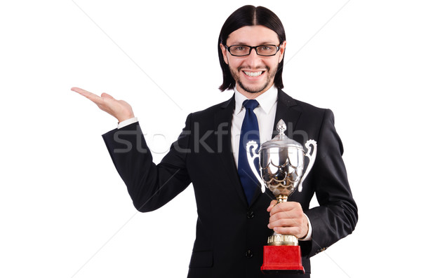 Foto stock: Empresario · premio · taza · aislado · blanco · pelo