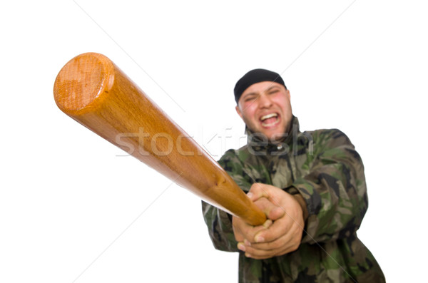 Young man in soldier uniform holding bludgeon isolated on white Stock photo © Elnur