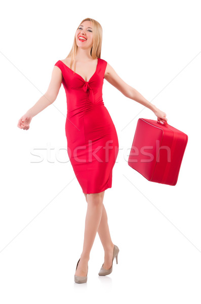 Blondie in red dress with suitcase isolated on white Stock photo © Elnur