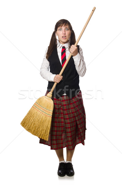 Funny girl with broom isolated on white Stock photo © Elnur