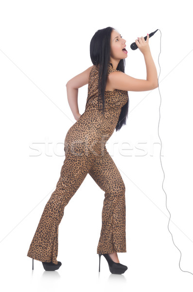 Foto stock: Mujer · cantante · micrófono · blanco · fiesta · pelo