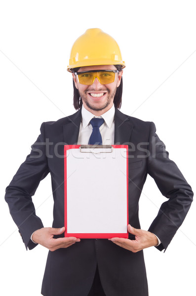 Foto stock: Empresário · construtor · isolado · branco · mão · edifício