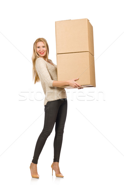 Stock photo: Woman with boxes relocating to new house isolated on white