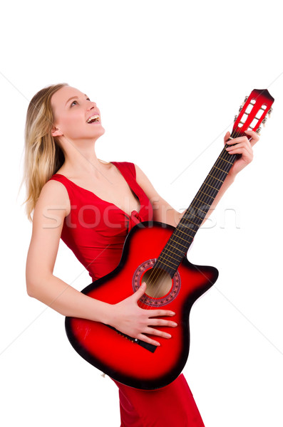 Stockfoto: Blond · haren · vrouw · gitaar · geïsoleerd · witte