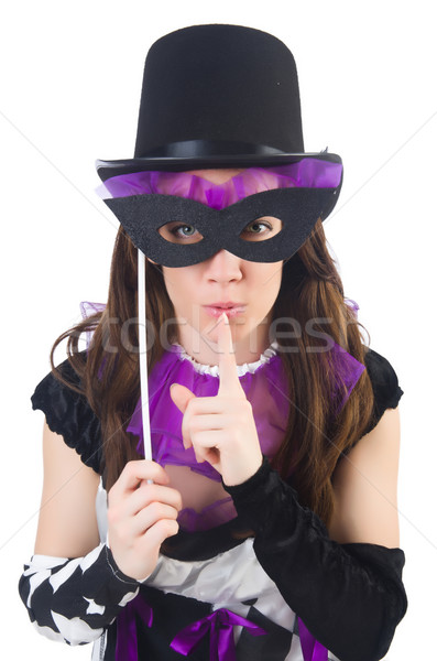 Stock photo: Pretty girl in jester costume with mask  isolated on white