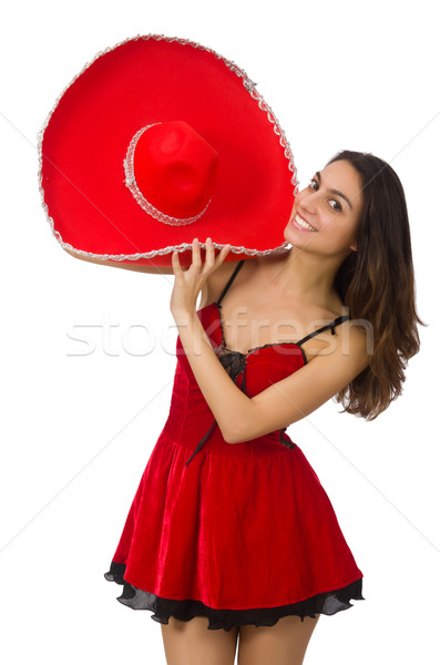 Stock photo: Woman wearing red sombrero isolated on white