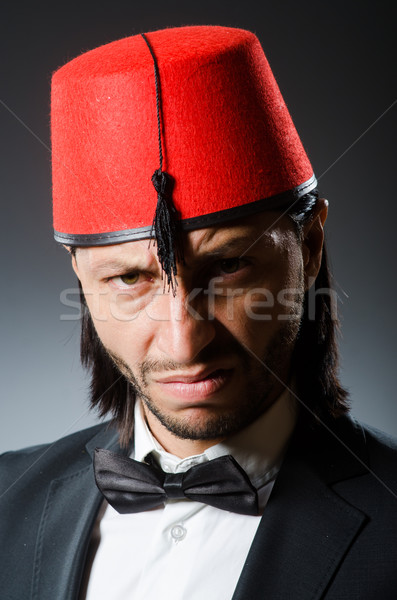 Stockfoto: Man · traditioneel · turks · hoed · jurk · glimlach