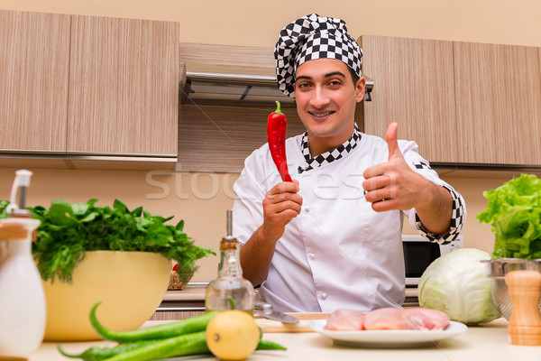 Stockfoto: Jonge · chef · werken · keuken · gelukkig · home
