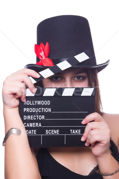 Young woman with movie board on white Stock photo © Elnur