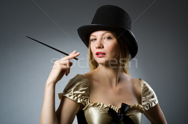 Foto stock: Mujer · mago · varita · mágica · sombrero · mano · traje