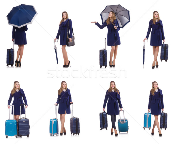 Stok fotoğraf: Kadın · bavul · şemsiye · yalıtılmış · beyaz · iş