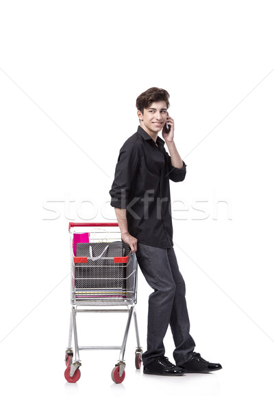 Foto stock: Joven · compras · aislado · blanco · mercado · funny