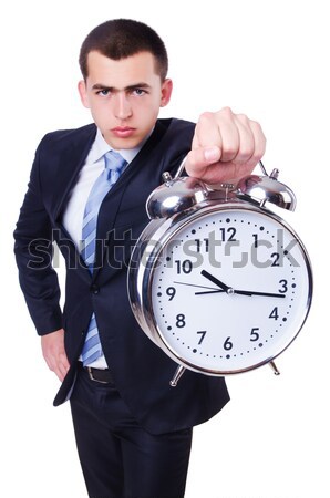 Stock photo: Man with gun and clock on white