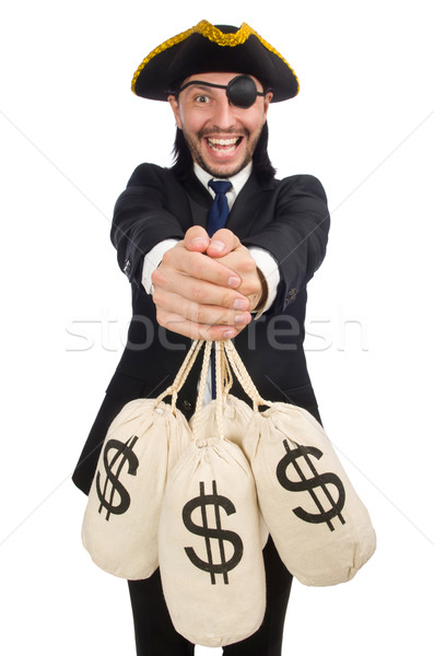 Stock photo: Pirate businessman holding money bags isolated on white