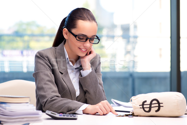 Businesswoman with money sack bag in office Stock photo © Elnur