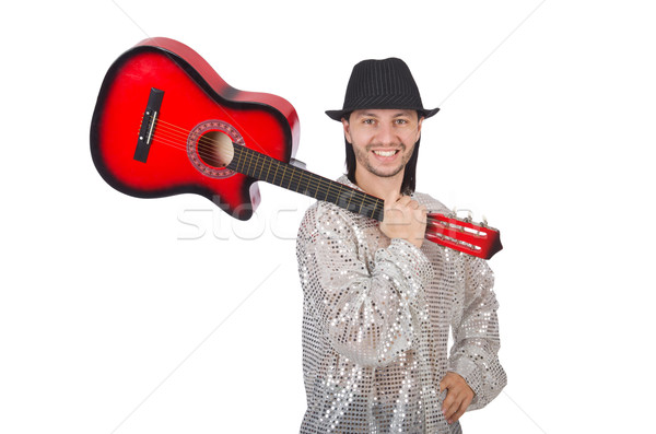 Stockfoto: Gitarist · geïsoleerd · witte · muziek · partij · achtergrond