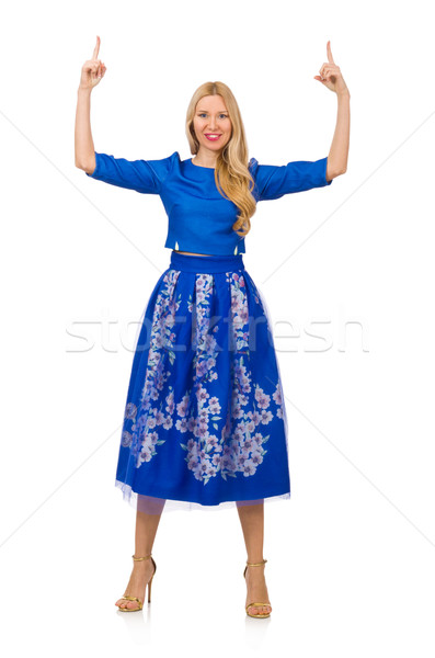 Stock photo: Woman in blue dress with flower prints isolated on white