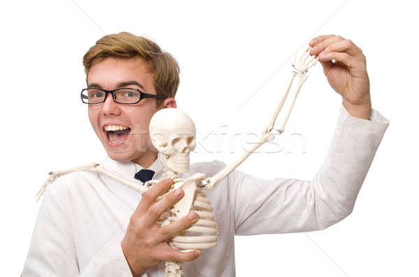 Funny doctor with skeleton isolated on white Stock photo © Elnur