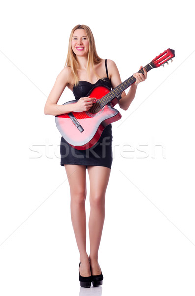 Foto stock: Mujer · jugando · guitarra · aislado · blanco · música