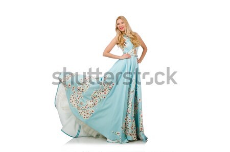 Woman in blue long dress with flower prints isolated on white Stock photo © Elnur