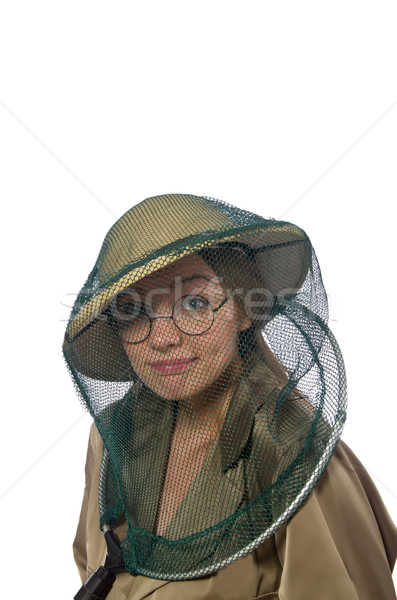 Woman wearing safari hat on white Stock photo © Elnur