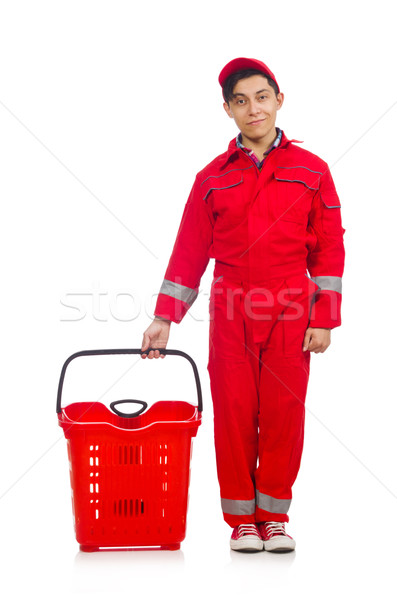 Man in red coveralls with shopping supermarket cart trolley Stock photo © Elnur