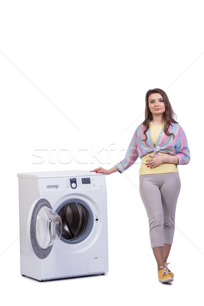 [[stock_photo]]: Femme · fatigué · buanderie · isolé · blanche · maison