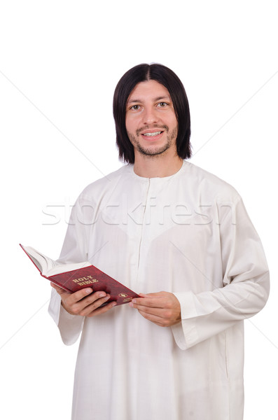 Foto d'archivio: Giovani · sacerdote · bible · isolato · bianco · nero