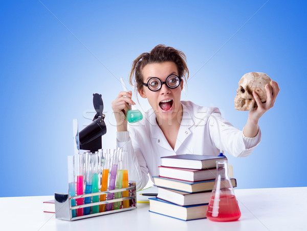 Stock foto: Crazy · weiblichen · Chemiker · Labor · Arbeit · Glas