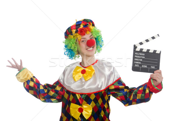 Stock photo: Clown with movie clapper isolated on white