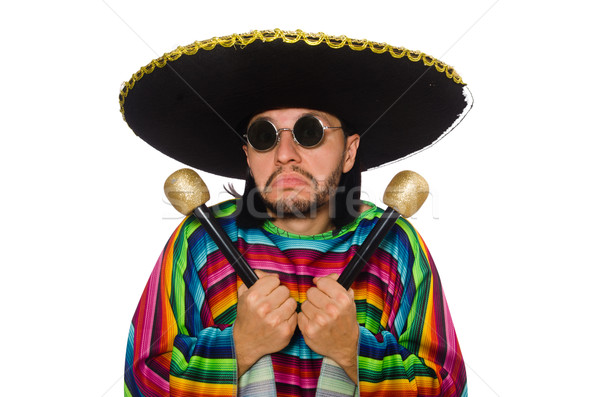 Handsome man in vivid poncho holding maracas isolated on white Stock photo © Elnur