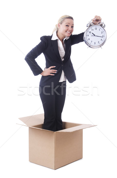 Foto stock: Mulher · relógio · caixa · tempo · trabalhando · trabalho