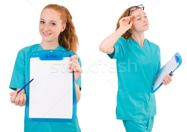 Stock foto: Vorsichtig · Krankenschwester · isoliert · weiß · Papier · Hintergrund
