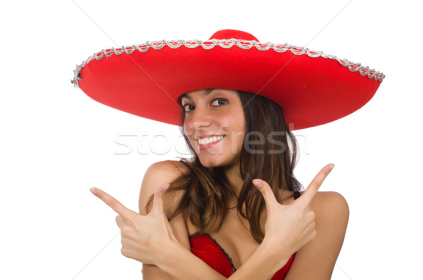 [[stock_photo]]: Femme · rouge · sombrero · isolé · blanche