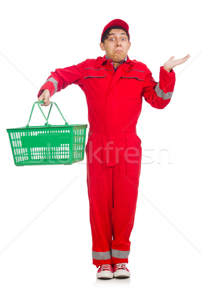 Man in red coveralls with shopping supermarket cart trolley Stock photo © Elnur