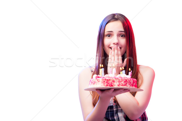 Stock photo: Young woman girl with cake isolated on white