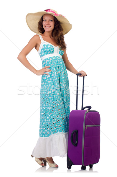 Stock photo: Woman traveller with suitcase isolated on white