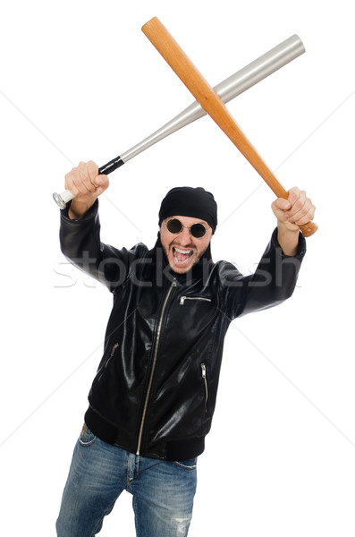 Stockfoto: Agressief · man · honkbalknuppel · witte · gezicht · achtergrond