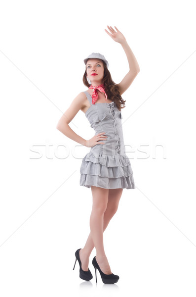 Young woman in gray striped dress isolated on white Stock photo © Elnur