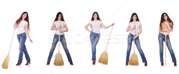 Stock photo: Woman with broom isolated on white