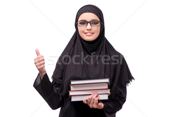 Foto d'archivio: Muslim · donna · vestito · nero · isolato · bianco · libri