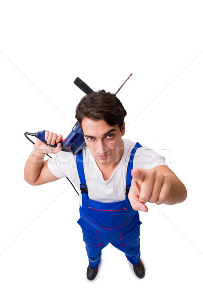 Funny repairman with drill isolated on white Stock photo © Elnur