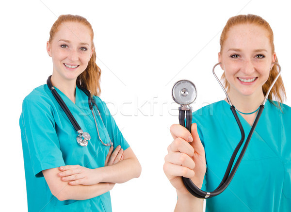 Foto stock: Jovem · médico · estagiário · estetoscópio · isolado · branco