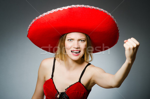 Stockfoto: Vrouw · sombrero · hoed · grappig · gelukkig