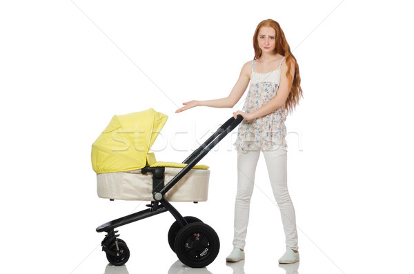 Stock photo: Woman with baby and pram isolated on white